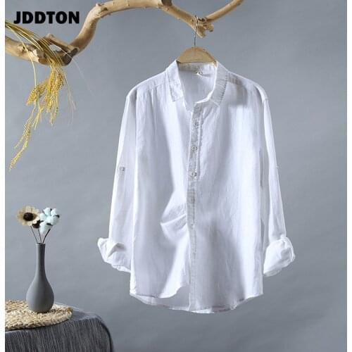 JDDTON New Mens Summer Cotton Linen Long Sleeve Cotton Casual Breathable Shirts Fashion Style Male Solid Color Thin Shirts JE105