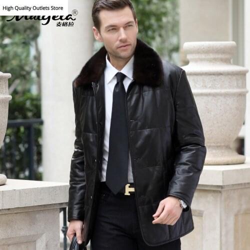 Genuine leather men medium-long down coat leather clothing mink sheepskin overcoat leather jacket fur coat