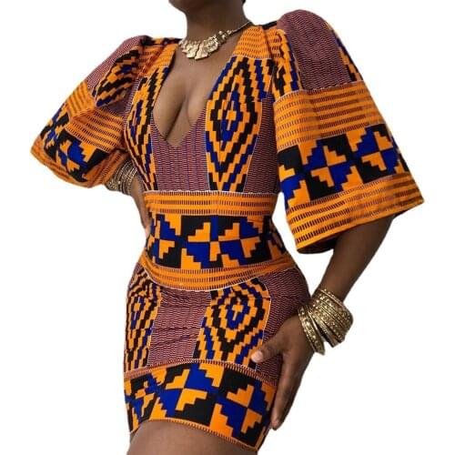 2021 Autumn New Style Fashion Sexy Deep V-Neck Flared Sleeves Hip Skirt Slim Slimming Womens One-Piece Skirt