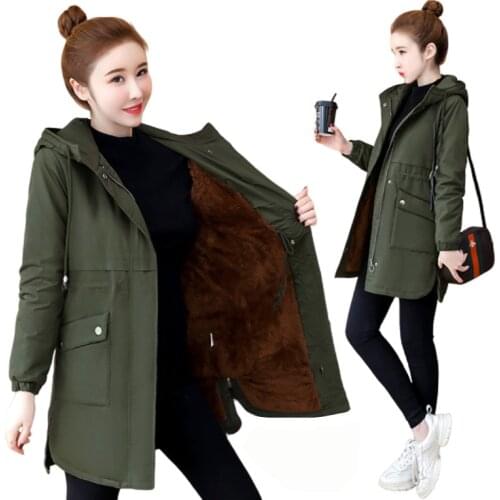 Autumn Winter Windbreaker 2019 Women Coat Thick Warm Plus Velvet Jackets Female Long Hooded Coats Outerwear Army Green Jackets