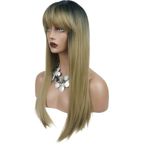 StrongBeauty Womens Synthetic Wigs Ombre Silver gray/Blonde Hair Long Straight Neat Bang Style Natura Wigs