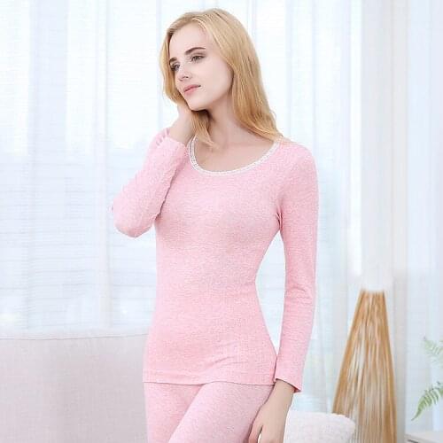 2-piece Pajamas Women Sexy Lace Thermal Underwear Slim Long Johns Female Underwear Thin Breathable Winter Warm Cotton Nightsuit