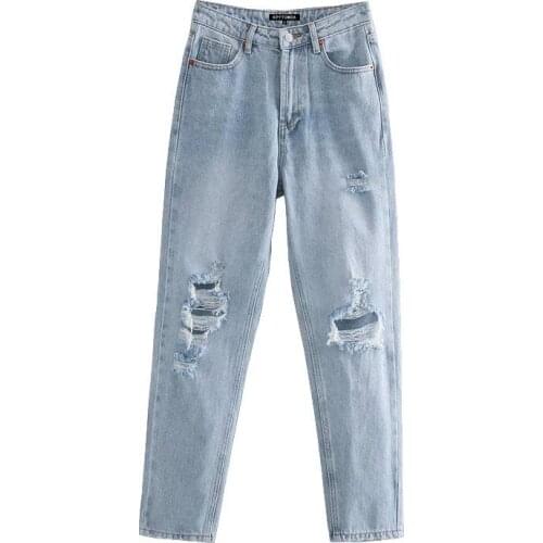 Chic Fashion Ripped Hole Side Pockets Jeans Vintage High Waist Zipper Fly Denim Female Ankle Trousers Mujer