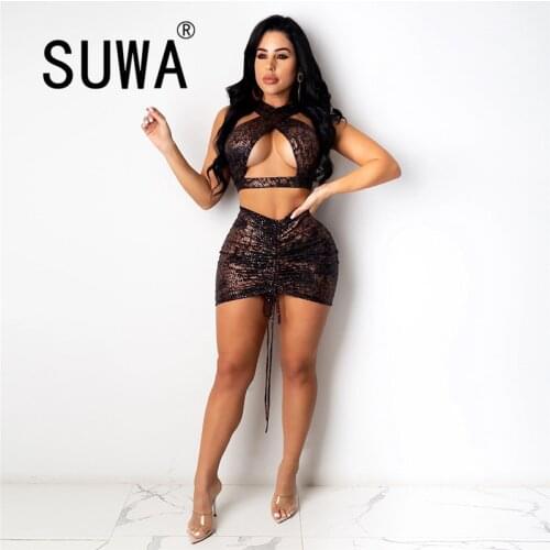 Evening Party And Wedding Sexy Club Outfits For Women Matching Sets Sleeveless Hollow Out Tank Crop Top Mini Dress