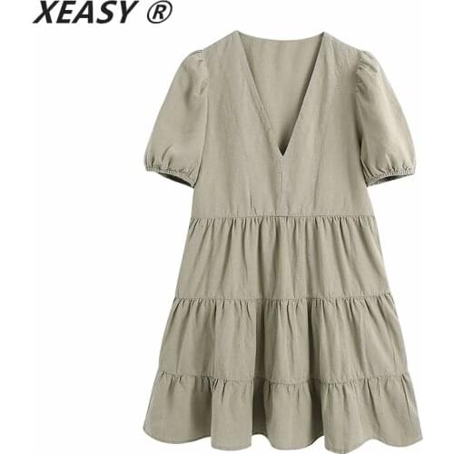 XEASY Women 2021 Chic Fashion With Elastic Trim Ruffle Mini Dress Vintage V Neck Puff Sleeve Female Dresses Vestidos Mujer