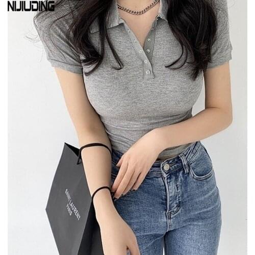 Women Summer Polo Shirts Office Ladies Short Sleeve Solid Turn Down Collar Button Elastic Top Female 100% Cotton Bottoming Shirt