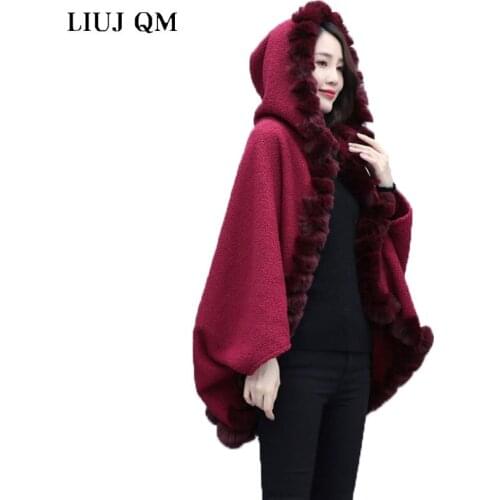 Oversize Womens Capes and Ponchoes 2021 Winter Jacket Rabbit Fur Ball Shawl Knitted Sweater Poncho Hooded Cashmere Cardigan Coat