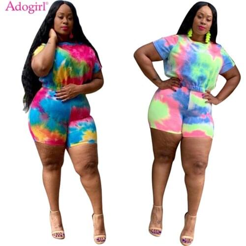 Adogirl XL-4XL Plus Size Women Tie Dye Print Two Piece Set Tracksuit Short Sleeve T-Shirt Crop Top And Shorts Sport Casual Suit