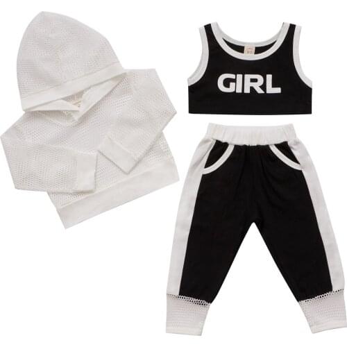New Toddler Girls 3Pcs Fall Outfits, Mesh Hoodie + Letter Print Tank Tops + Pants Set