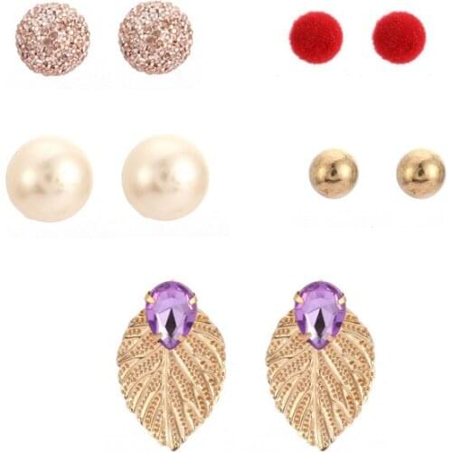 5 pairs/set Pearl Crystal Leaf Pompom Earrings Set Women Jewelry Accessories Piercing Ball Stud Earring kit Bijouteria brincos