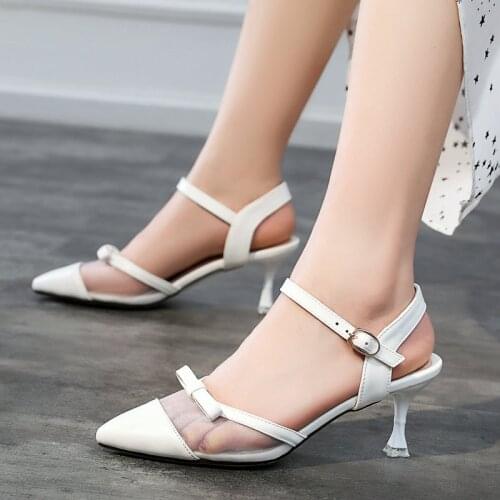 AGODOR 2020 Mesh Pointed Toe Women Pumps Ankle Strap Ladies Slingback All Match Thin High Heel Pumps Shoes with Bow Size 33-43