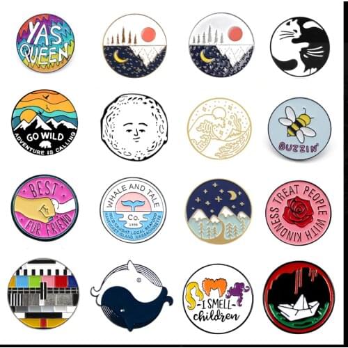 Cartoon round animal mountain sun moon cat bee bird expression enamel brooch alloy badge bag accessory pin cute jewelry gift