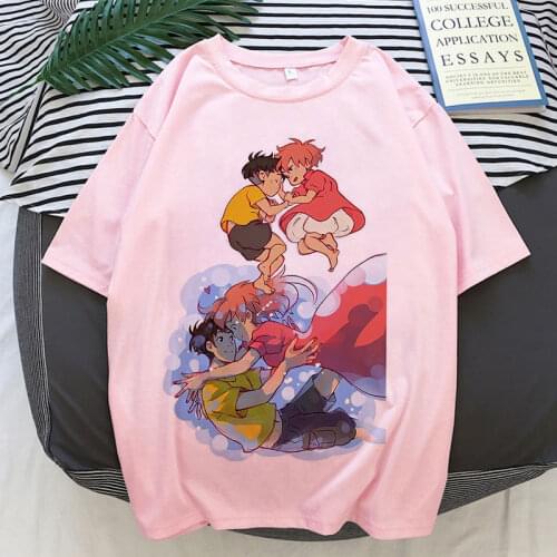 Ponyo On The Cliff Graphic Print T-shirt Women Harajuku Aesthetic Pink Top Tshirt Tee 2021 New Summer Fashion Y2k Female T Shirt