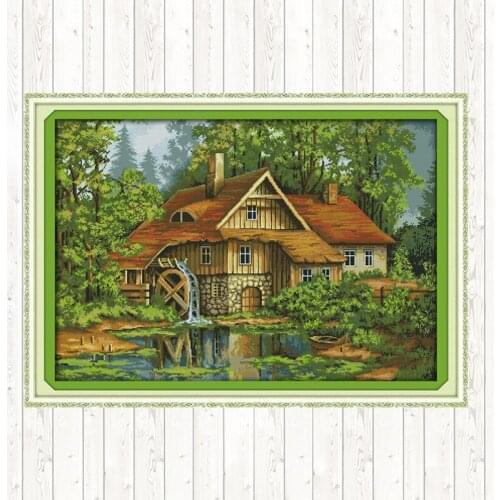 Cabin with Water Truck Cross Stitch Patterns 14ct Counted Canvas 11ct Printed Fabric Cross Stitching Kits Embroidery Kits Crafts