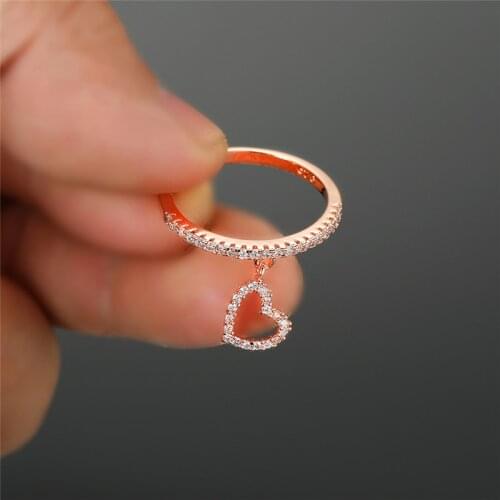 Cute Female Small Crystal Pendant Heart Ring Rose Gold Bridal Engagement Ring Vintage Wedding Rings For Women