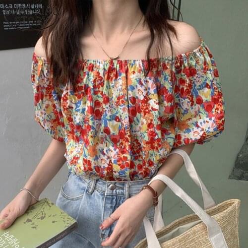Summer Beach Loose Casual Shirt Vintage Floral Printed Chiffon Blouses Women Korean Sexy One-shoulder Strapless Top Female 15360