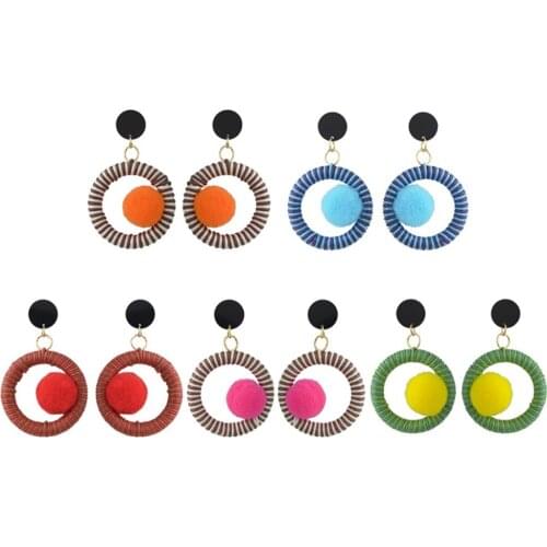 Cute/Romantic 5 Colors New Fashion Pom Pom Ball Acrylic Thread Hoop Wrapped Pendant Dangle Earrings for Women Party Jewelry Gift