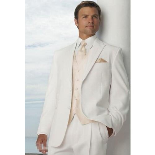2015 Custom Made White Groom Tuxedos Notch Lapel Best Man Groomsmen 2 Buttons Men Wedding Suits (jacket+pants+vest+tie))