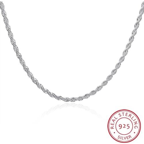 Mens Fine Jewelry 16" 18" 20" 22" 24'' 40/45/50/55/60cm 925 sterling silver necklace 4mm twisted Rope chain Colar de Prata