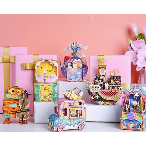 Music Box Wooden Building Blocks Kids Toy Beautiful DIY Craft Art Assembling Set Educational Toys For Children Creative Toys