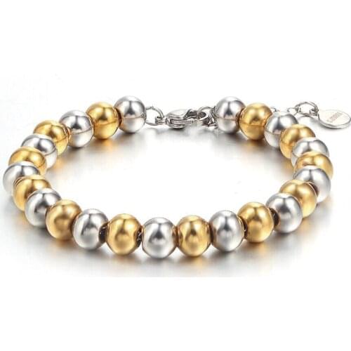 Wholesale Jewelry -- (21cm*8mm) 316L titanium steel Mix 2 Gold Color Beads Bracelets Jewelry For Men No Fade