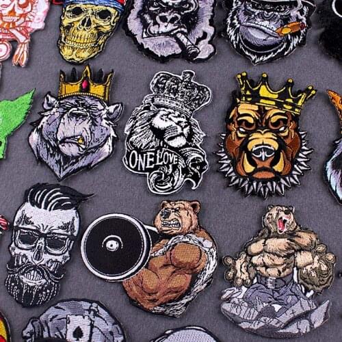 Punk Patch Embroidered Patches For Clothing King Lion Bear Embroidery Patch Iron On Patches For Clothes Applique Skull Badge DIY