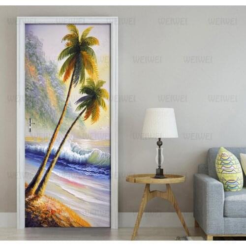 Seaside Coconut Tree Landscape Door Sticker DIY Home Decor Decals Self Adhesive Oil Wallpaper Door Waterproof Mural For Bedroom