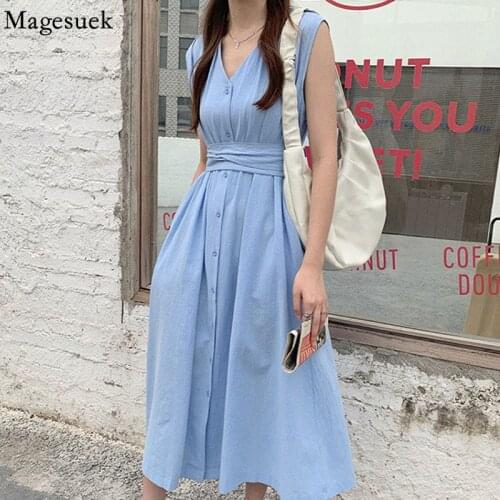 Simple V-neck High Waist Sleeveless Dress Korean Casual Summer Dress Women Solid Cotton Temperament Female Dresses Vestido 14021
