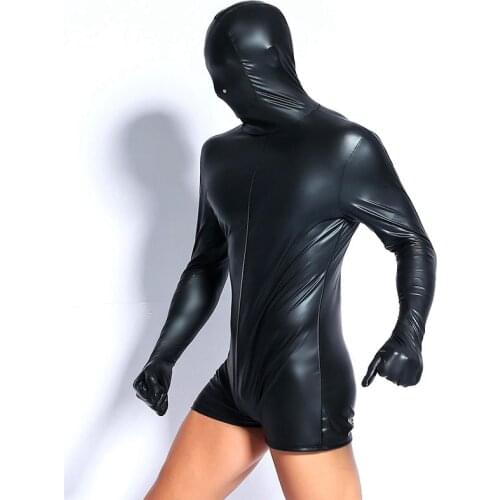 Men PVC Leather Catsuit Sexy Lingerie Faux Leather Night Club Bodysuit Gay Fetish Hooded Jumpsuit Zipper Erotic Wear Costumes