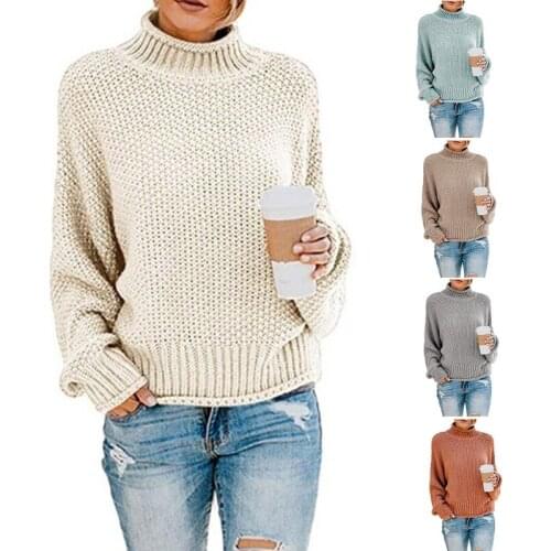 Batwing Long Sleeve Sweater 2020 Women Autumn Turtleneck Loose Pullover Tops Chunky Crochet Knitted Solid Casual Knitwear Jumper