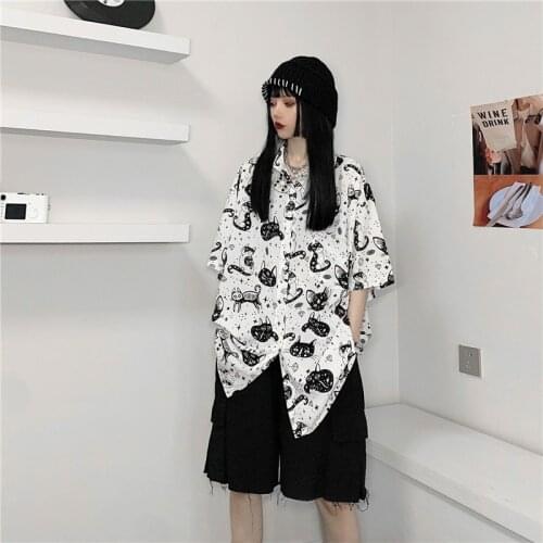 Women Cartoon Lovely Cat Print Black White Shirts Harajuku Lady Loose Kawaii Casual Shirt Summer Single Breasted Cool Streetwear