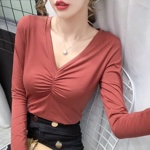 Size S-5XL Autumn Cotton Sheath T-shirts Tees Womens Elastic Slim Solid Soft Full Sleeve Wrinkled V-neck Base Tshirt Top