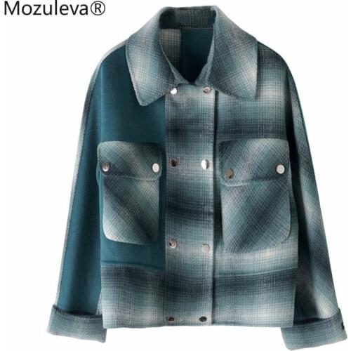 Mozuleva 2021 High Quality Double Side Cashmere Winter Plaid Green Woolen Coat for Women Vintage Korean Short Style Wool Coats