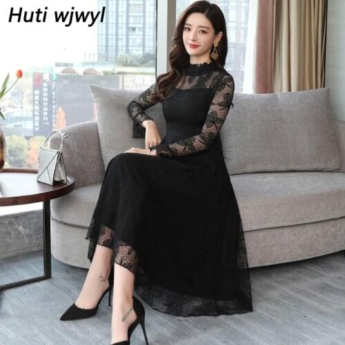 Autumn Winter New Vintage Black Sexy Lace Midi Dresses 2021 Korean Women Elegant Bodycon Pink Dress Party Casual Runway Vestidos