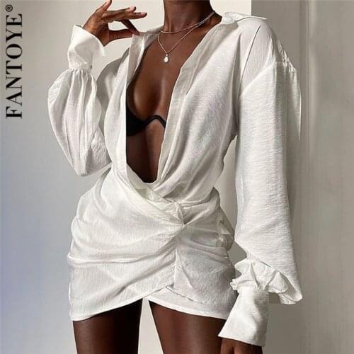 FANTOYE Irregular Chiffon Long Sleeve Dresses For Women Loose Sexy Deep V Neck Mini Dress Bodycon Partywear Femme Vestidos