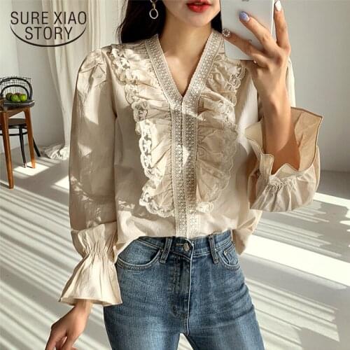 2021 Autumn Vintage White Blouse Women Pullover Ruffles Lace Womens Blouse Flare Sleeve Cotton Shirt Elegant Women Blusas 11271