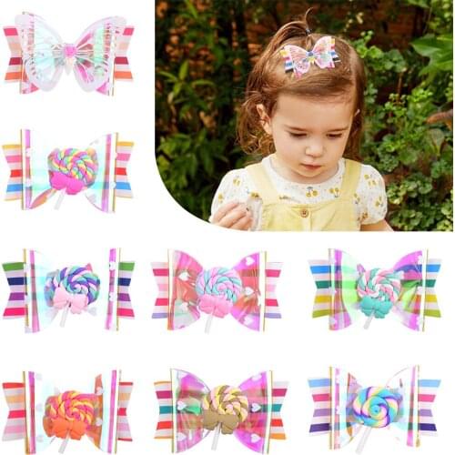 3.5 Inches Butterfly Flower Lollipop Hair Bows PU Hair Clip Kids Girls Boutique Hairgrips Handmade Headwear Hair Accessories