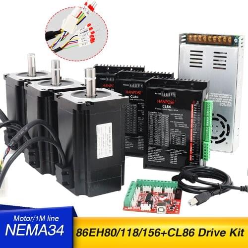 3 Kit 12N 8N 4N cnc nema 34 closed loop Servo Stepper Motor with Driver CL86 48V Power Supply+ MACH3 Interface board cable