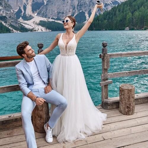 Eightree Tulle V-neck Wedding Dresses With Lace Appliques A-line Appliques Elegant Bridal Evening Wedding Ball Gowns Custom Size