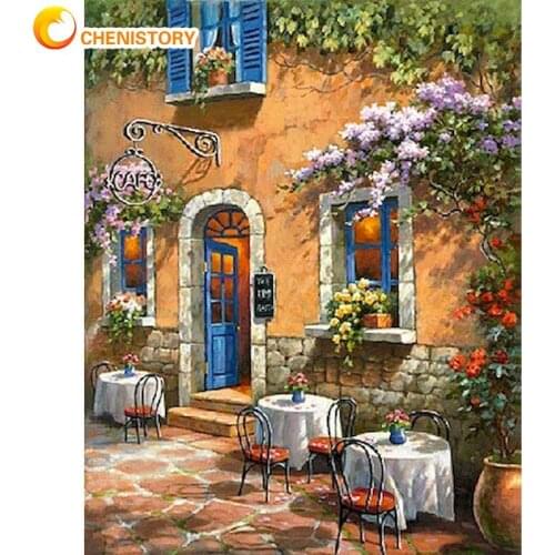 CHENISTORY 60x75cm Frame Painting By Numbers Village Coffee House Landscape Picture Hand Painted DIY Gift Modern Home Wall Art