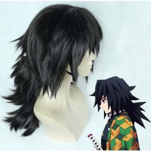 Demon Slayer Kimetsu no Yaiba Tomioka Giyuu Nature Black Heat Resistant Cosplay Costume Wigs + Wig Cap