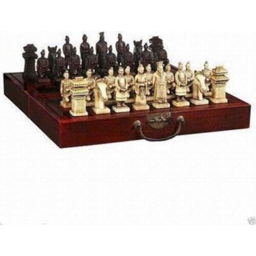 CHINESE DRAGON WOOD LEATHER BOX WITH 32 CHESS SET