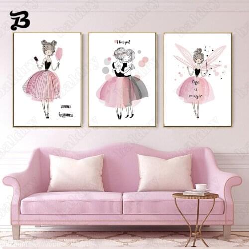 Girly Heart Cartoon Figure Painting Nordic Modern Two Princesses Hugging Life Is Magic Wall Pictures for Girls Room Decoration