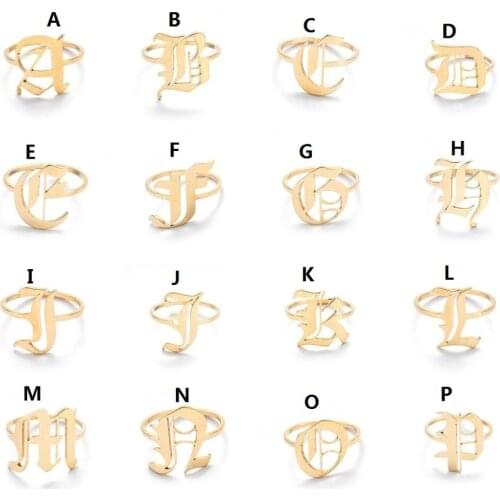 Bohemian Style Solid A-Z Letter Gold Metal Open Ring Initials Name Letter Female Party Short Fat Wide Fashion Jewelry Anillos
