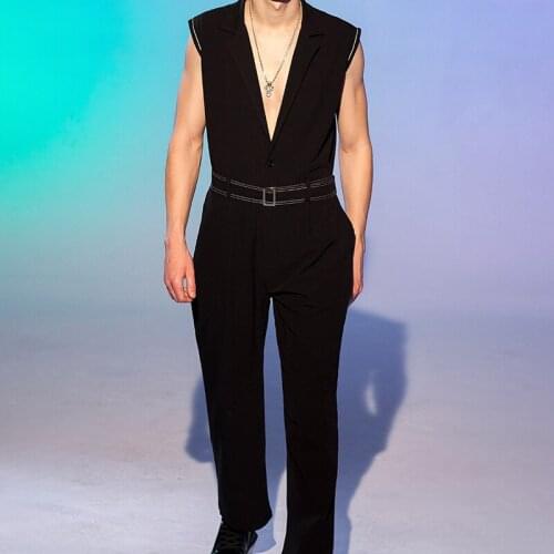 Brand New Europe Mens Loose Sleeveless Black Overalls Straight Leg Jumpsuit Male Fashion Casual Wide Leg Pants Suit Trousers