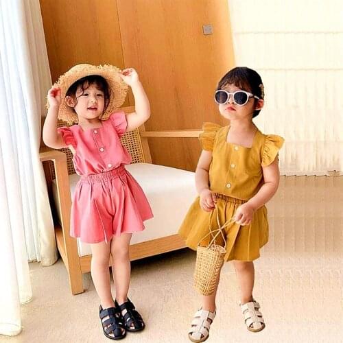 Baby Girl Clothes Suit 2021 Summer New Fashion Child Solid Color Ruffle Sleeve Vest Top+Shorts 2Pcs Cute Kids Clothing