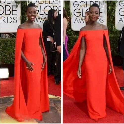 Red Capet Celebrity Dress 2019 Slim Lupita Prom Dresses With Wrap Simple Sexy Fancy Cape Cloak Bateau Sheath Evening Gowns