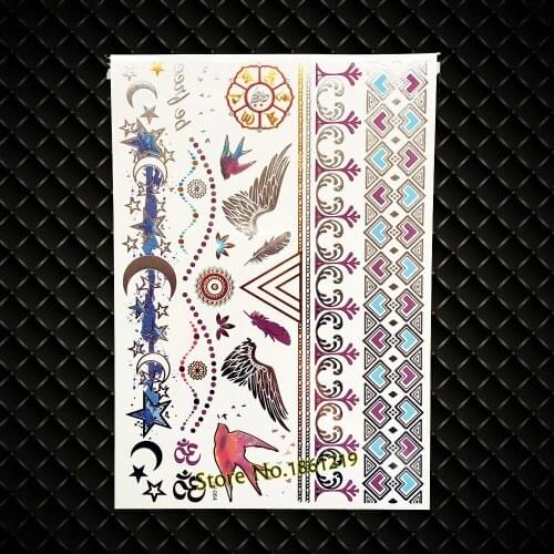 Beauty Flying Birds Gold Temporary Tattoo Body Arm Sleeve Henna Temporary Tattoo Sticker Gem Diamond Bracelets Angel Fairy Wings