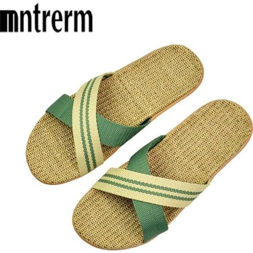 Mntrerm Women Linen shoes Colored Stripe Hemp Home Slippers Indoor Shoes Female Non-slip Beach Hemp Soft Bottom Slippers