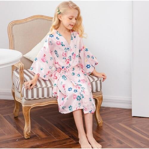 Fashion Toddler Infant Kids Baby Girls Long Sleeve Silk Satin Bathrobe Children Nightgown Cardigan Kimono Bath Robe Homewear#p4